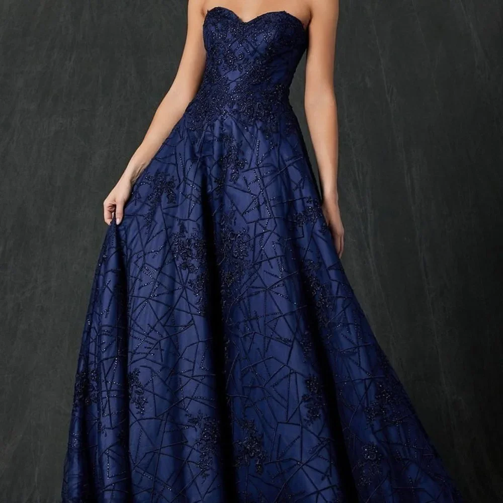Navy Blue A-Line Glittery Evening Long Formal Maxi Gown Dress JT692